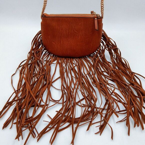 Aldo Brown Fringed Crossbody Bag Zippered Chain Faux Leather 8 Inch Boho - Picture 3 of 14